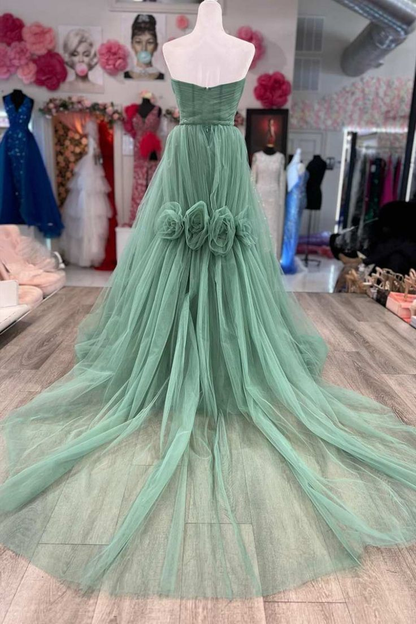 Green Strapless Floral Long Prom Dresses Green Formal Dresses Green Tulle Evening Dresses Y4640