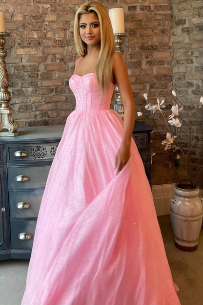 Glänzendes rosa Tüll-Langes Ballkleid, Spaghettiträger rosa Formales Kleid, funkelndes rosa Abendkleid Y209