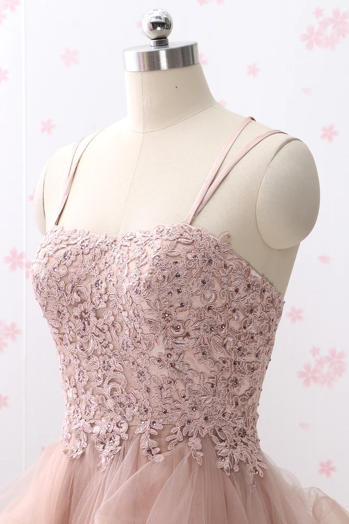 Vestido de fiesta vintage de tul con tirantes finos y encaje Y2584