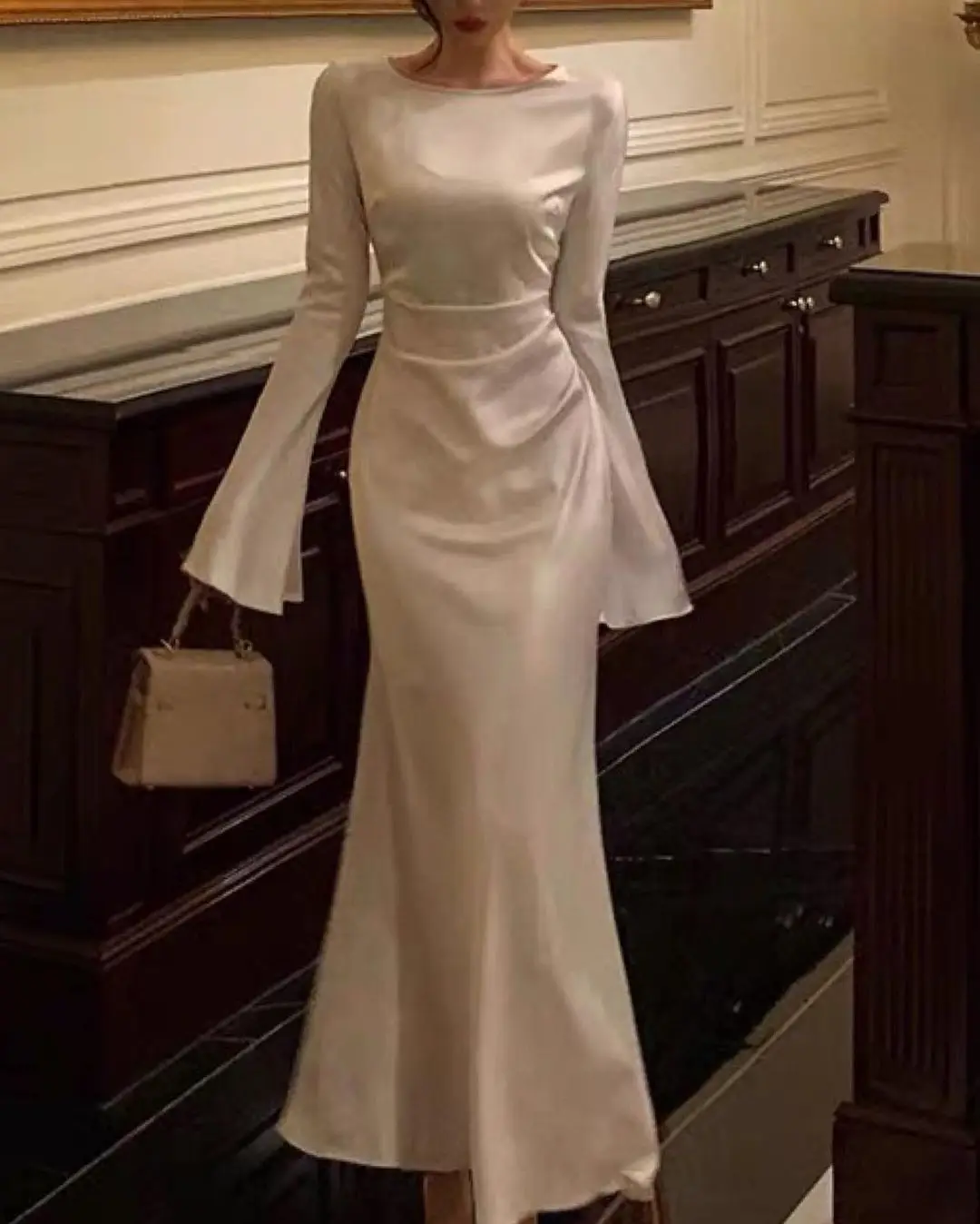 Vestido de noche de satén con cuello redondo para mujer, vestido de cóctel blanco sencillo Y6894