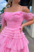 Plissiertes Pink Kalte Ärmel Gestuftes Tüll Partykleid, Kurzes Homecoming Kleid Y1955