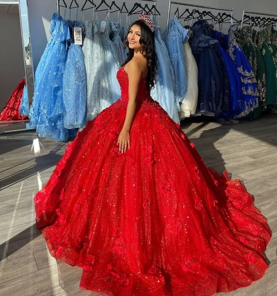 Beautiful Red Sequins Appliques Ball Gown .Strapless A Line Prom Dress Y8213