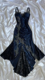 Vintage Marineblau Satin Spitze Applikationen Meerjungfrau Abendkleid Ballkleid Y8497