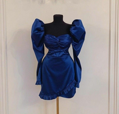 Retro-blaues Homecoming-Kleid mit langen Ärmeln, Y2538