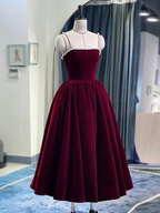 Vestido de fiesta de terciopelo burdeos con cuentas y tirantes finos, vestido de noche de longitud media Y4631
