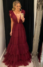A-Linie Tüll Abendkleid mit tiefem V-Ausschnitt Y5931