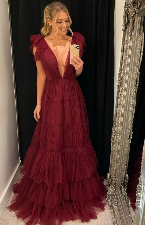 Vestido de noche de tul con escote en V profundo y corte en A Y5931
