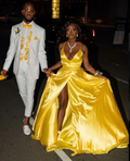 Vestido de noche clásico de satén amarillo con corte en A, vestido de fiesta amarillo Y4227