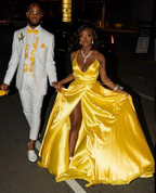 Vestido de noche clásico de satén amarillo con corte en A, vestido de fiesta amarillo Y4227