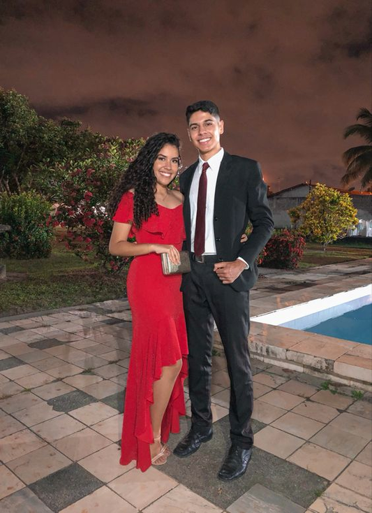 Vestido de noche rojo de corte sirena con corte alto y bajo, vestido de fiesta rojo Y5701