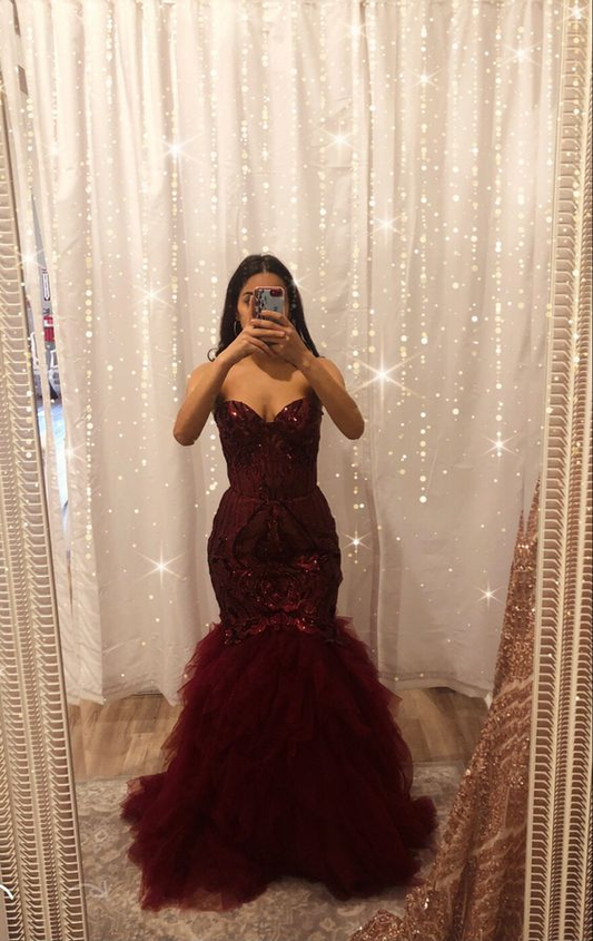 Vestido de noche largo estilo sirena con lentejuelas de tul burdeos Y6351