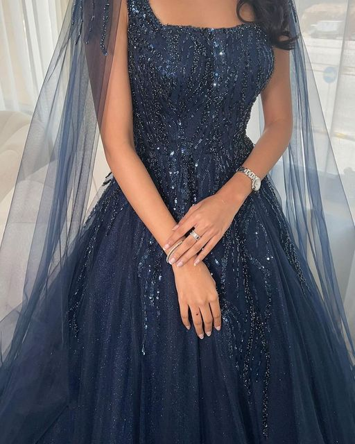Marineblaues Glitzer-Tüllkleid mit quadratischem Ausschnitt und langen Ärmeln, Luxus-Ballkleid Y4883