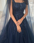 Marineblaues Glitzer-Tüllkleid mit quadratischem Ausschnitt und langen Ärmeln, Luxus-Ballkleid Y4883