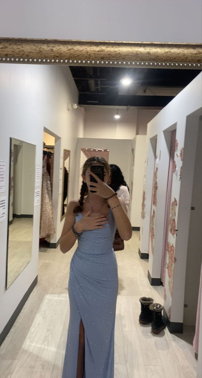 Vestido ajustado con abertura en la pierna en azul empolvado, encantador vestido de noche Y3076