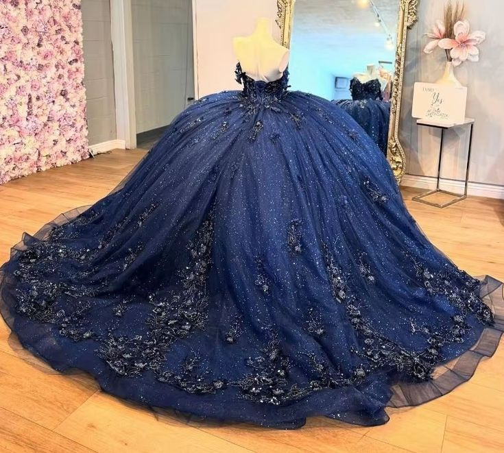 Wunderschönes marineblaues Tüll-Applikationen-Abschlussballkleid, glänzendes Geburtstagsballkleid Y7837