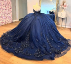 Wunderschönes marineblaues Tüll-Applikationen-Abschlussballkleid, glänzendes Geburtstagsballkleid Y7837
