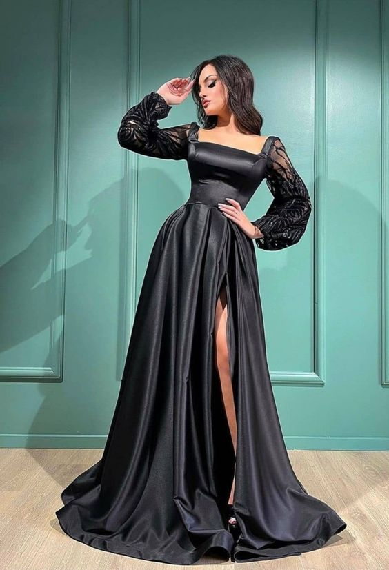 Vestido de noche negro de satén con abertura alta, cuello cuadrado, mangas largas abullonadas Y7093