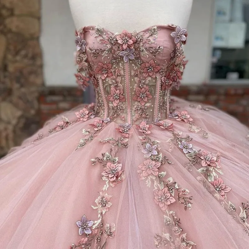 Vestido de fiesta de quinceañera con apliques florales de tul rosa Y527