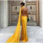 Gelbes Satin Rückenfreies Off-Shoulder Langes Ballkleid Abendkleid Y8466