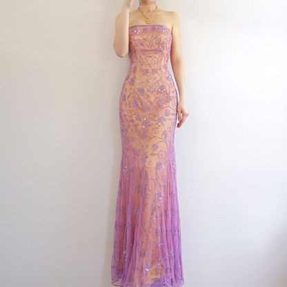 Vestido de noche de sirena con cuentas y tul sin tirantes Y8136