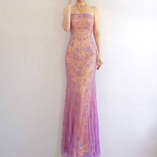 Vestido de noche de sirena con cuentas y tul sin tirantes Y8136