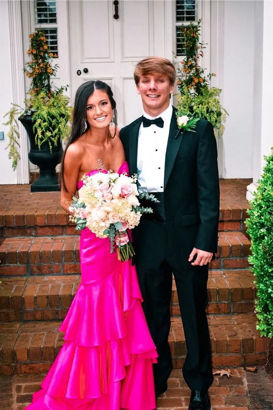 Hot Pink Satin Mermaid Prom Dresses Long Evening Gowns With Tiered Y1577