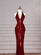 Sexy Burgund Pailletten Neckholder V-Ausschnitt Abendkleid Rückenfreies Meerjungfrau Abendkleid Y8628