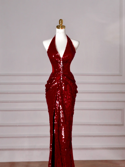 Sexy Burgund Pailletten Neckholder V-Ausschnitt Abendkleid Rückenfreies Meerjungfrau Abendkleid Y8628
