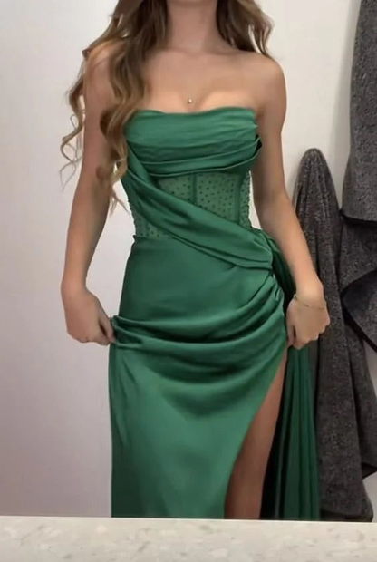 Grünes trägerloses Plissee-Abendkleid mit Schlitz, sexy Party- und Ballkleid mit Perlen, Y7982