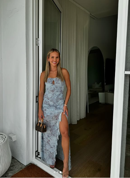 Schickes Chiffon-Print-Blumen-Langballkleid Trägerloses Schlitz-Party-Abendkleid Y8238