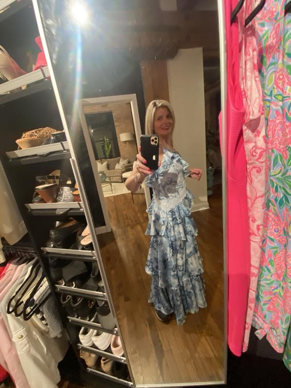 Hermoso vestido de noche azul sin mangas con escote en V, encaje y volantes, vestido formal de fiesta Y8460