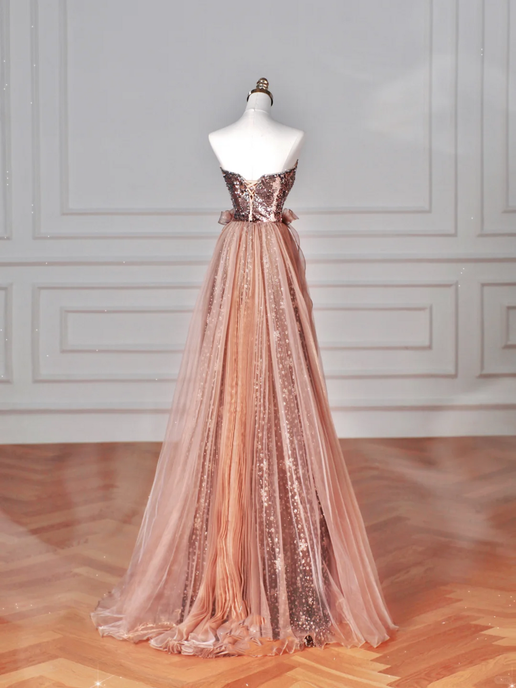 Vintage Rose Gold Trägerloses Tüll Pailletten Perlen A Linie Ballkleid Abendkleid Y8622