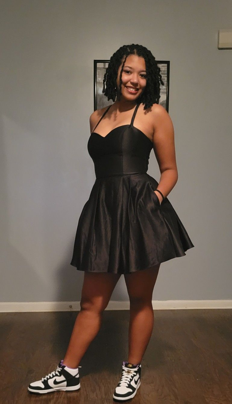 Vestido negro de fiesta de corte A, vestido negro corto Y2449