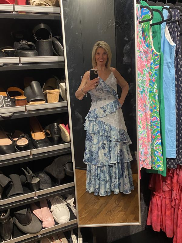 Hermoso vestido de noche azul sin mangas con escote en V, encaje y volantes, vestido formal de fiesta Y8460