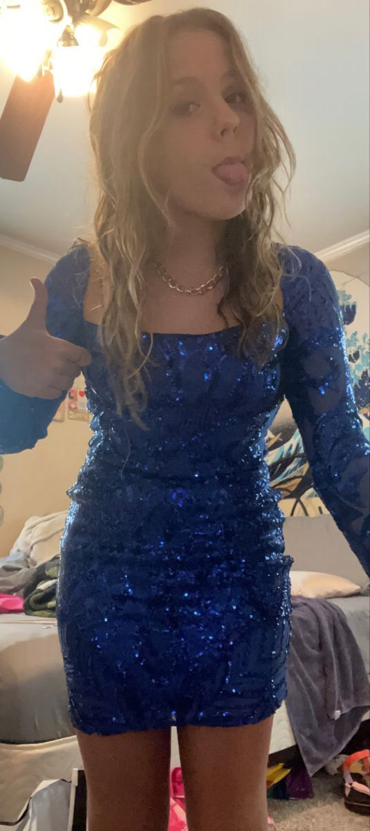 Vestido ajustado de manga larga con lentejuelas, vestido azul sexy para fiesta de bienvenida Y6269