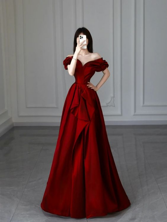 Vestido de fiesta largo de satén burdeos, corte A, vestido de noche Y6026