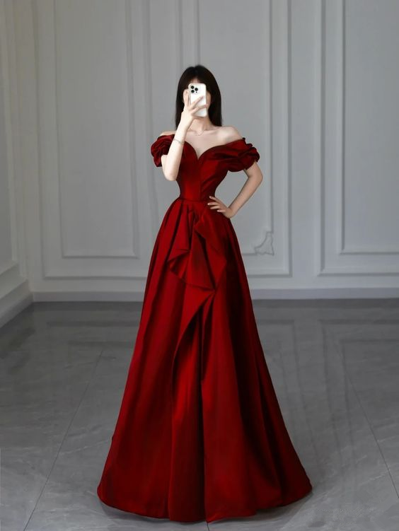 Vestido de fiesta largo de satén burdeos, corte A, vestido de noche Y6026
