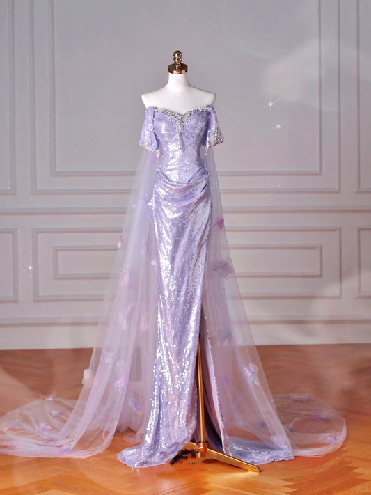 Vestido de noche con abertura y corte sirena, de tul con cuentas y lentejuelas color lila brillante, hombros descubiertos, apliques de tul, vestido de fiesta Y8632