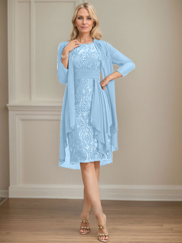 Vestido de madre de la novia de gasa con encaje, escote redondo, ilusión, largo hasta la rodilla, con volantes en cascada y lentejuelas