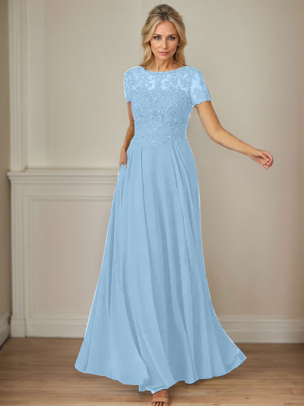 Vestido de gasa azul marino oscuro con escote barco, lentejuelas y corte en A