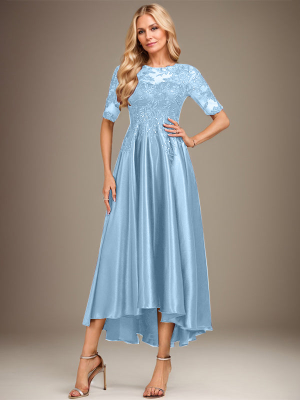 Vestido de madre de la novia de encaje satinado elástico asimétrico con ilusión de escote redondo y lentejuelas