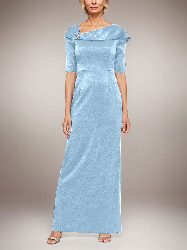 Vestido largo de columna brillante con puños doblados, escote en L y mangas hasta el codo