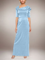 Vestido largo de columna brillante con puños doblados, escote en L y mangas hasta el codo