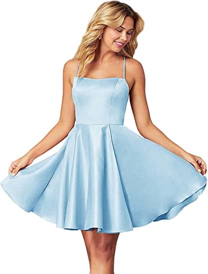 Spaghettiträger Homecoming Kleid Kurz Satin Puffy Cocktail SYH1