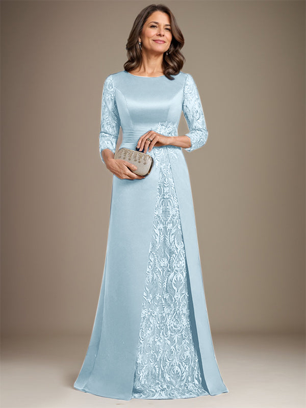 Vestido de madre de la novia de satén con encaje, corte A, largo hasta el suelo y apliques
