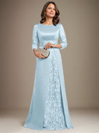Vestido de madre de la novia de satén con encaje, corte A, largo hasta el suelo y apliques
