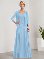 Vestido de madre de la novia de gasa con encaje, corte A, largo hasta el suelo, cuadrado y lentejuelas