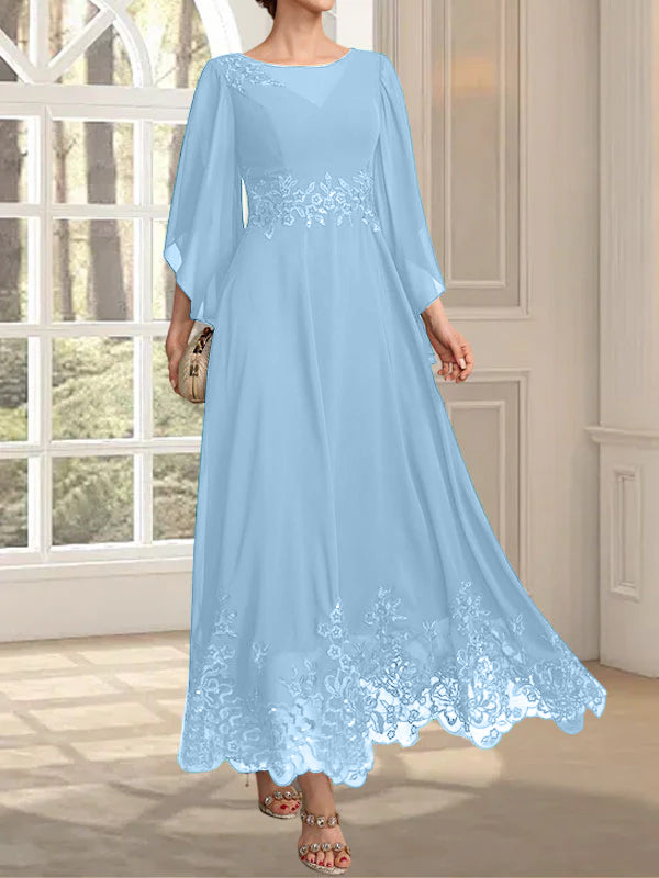 Vestido de gasa con encaje y lentejuelas para madre de la novia, corte A, escote ilusión, largo hasta los tobillos