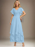 Vestido de gasa con encaje y escote en V hasta los tobillos para madre de la novia con volantes en cascada