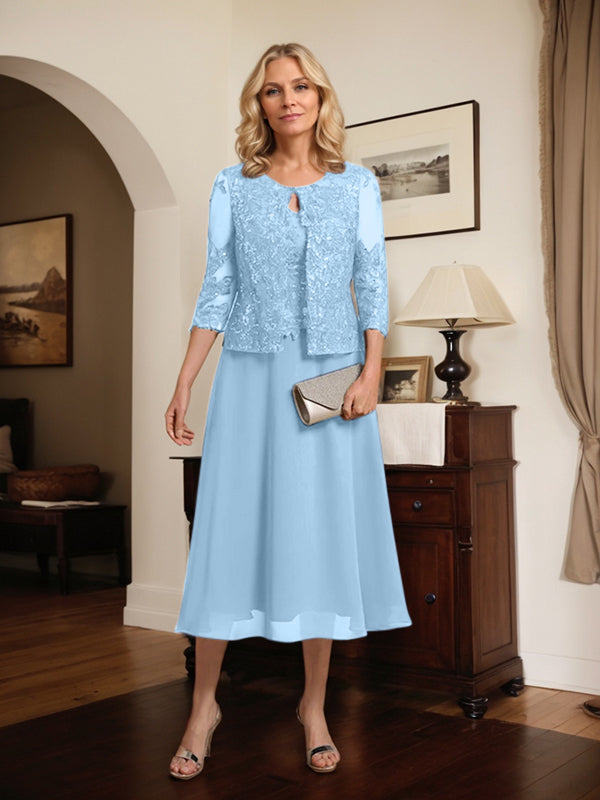 Vestido de gasa con encaje y lentejuelas para madre de la novia, corte A, escote redondo y largo hasta la rodilla